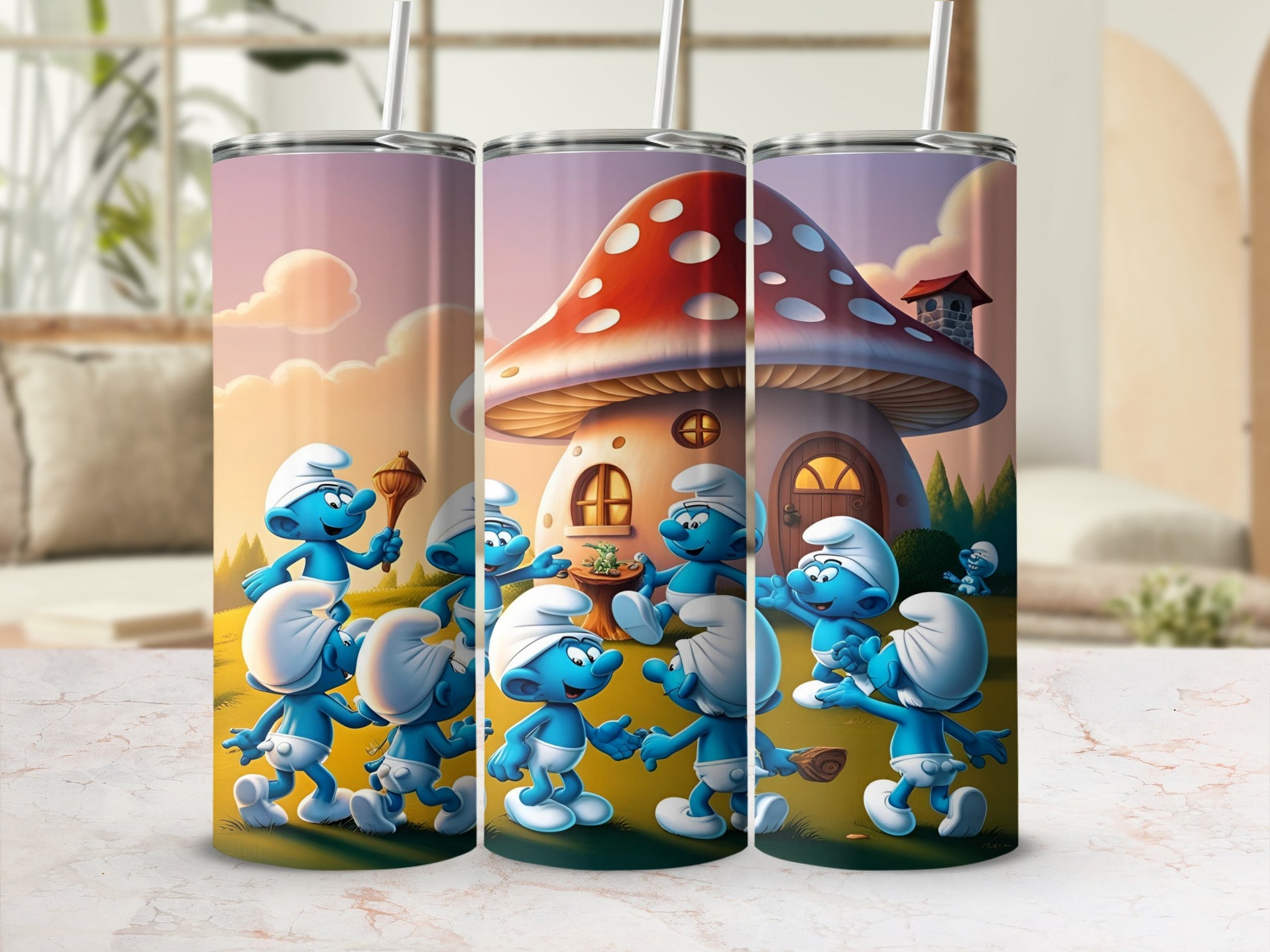 The Smurfs gather around a mushroom house, some holding tools.