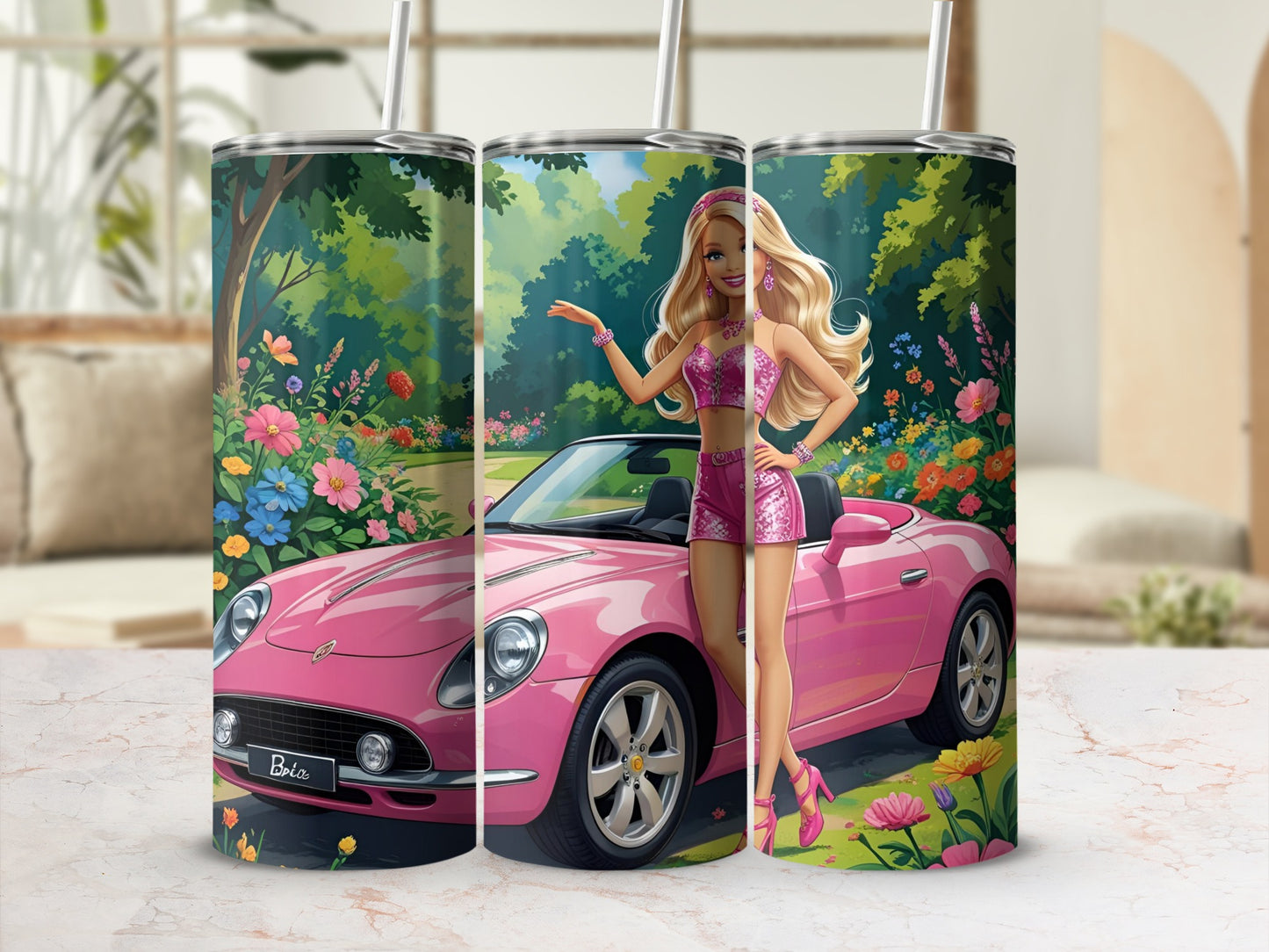 Barbie with pink convertible and flowers.