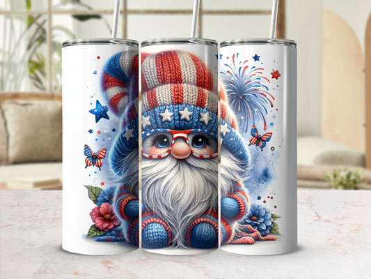 Gnome with patriotic hat and glasses, fireworks, and butterflies.