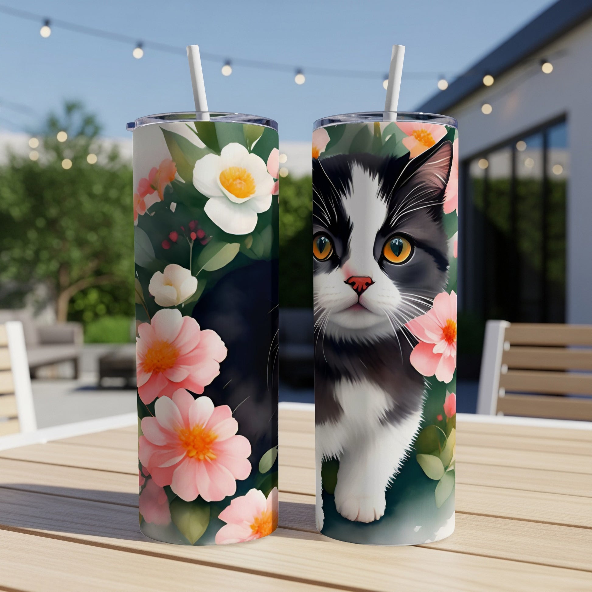Two patterned tumblers with a black and white cat and pink flowers.