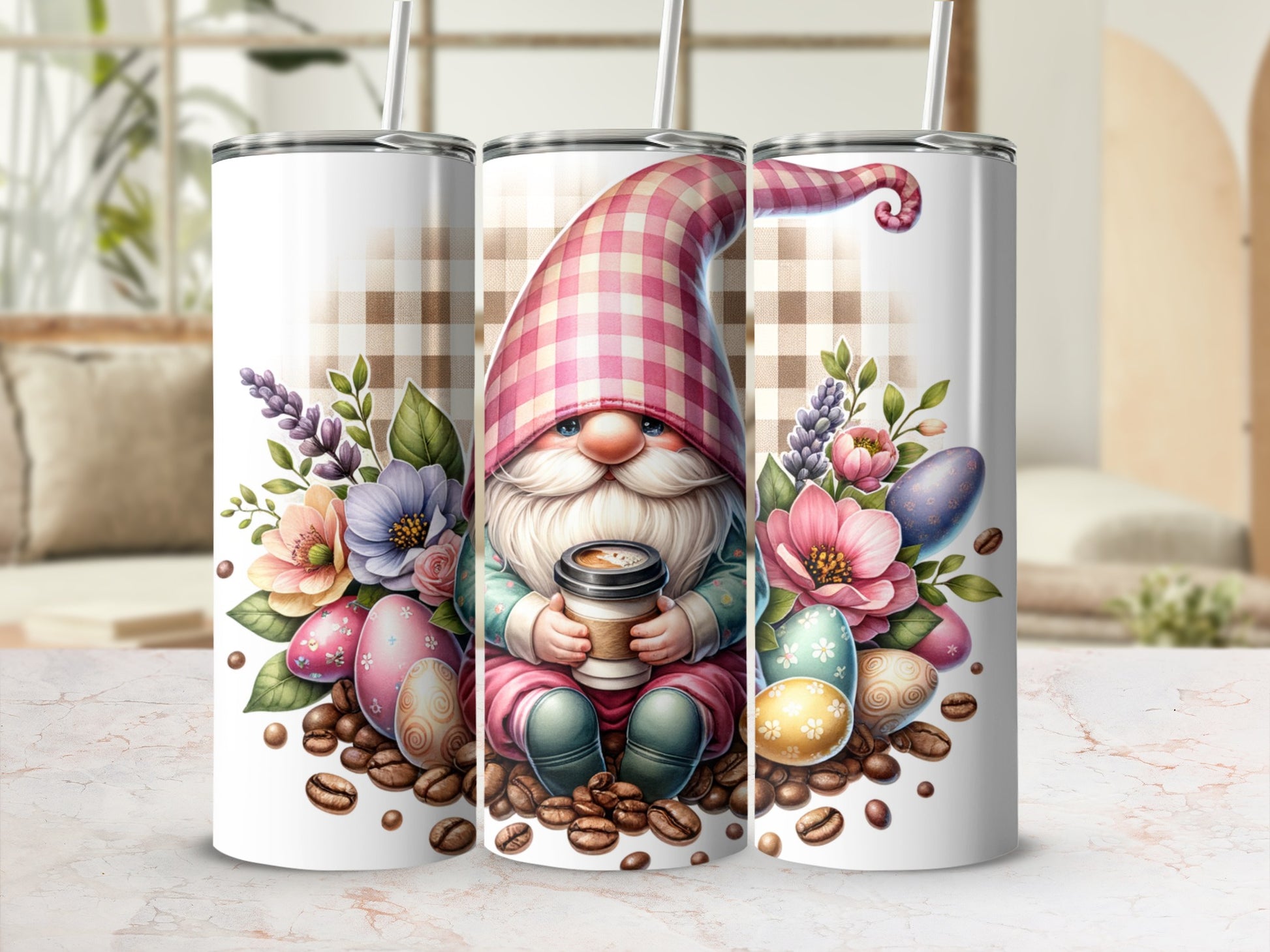 Gnome with coffee cup and Easter eggs on patterned background.
