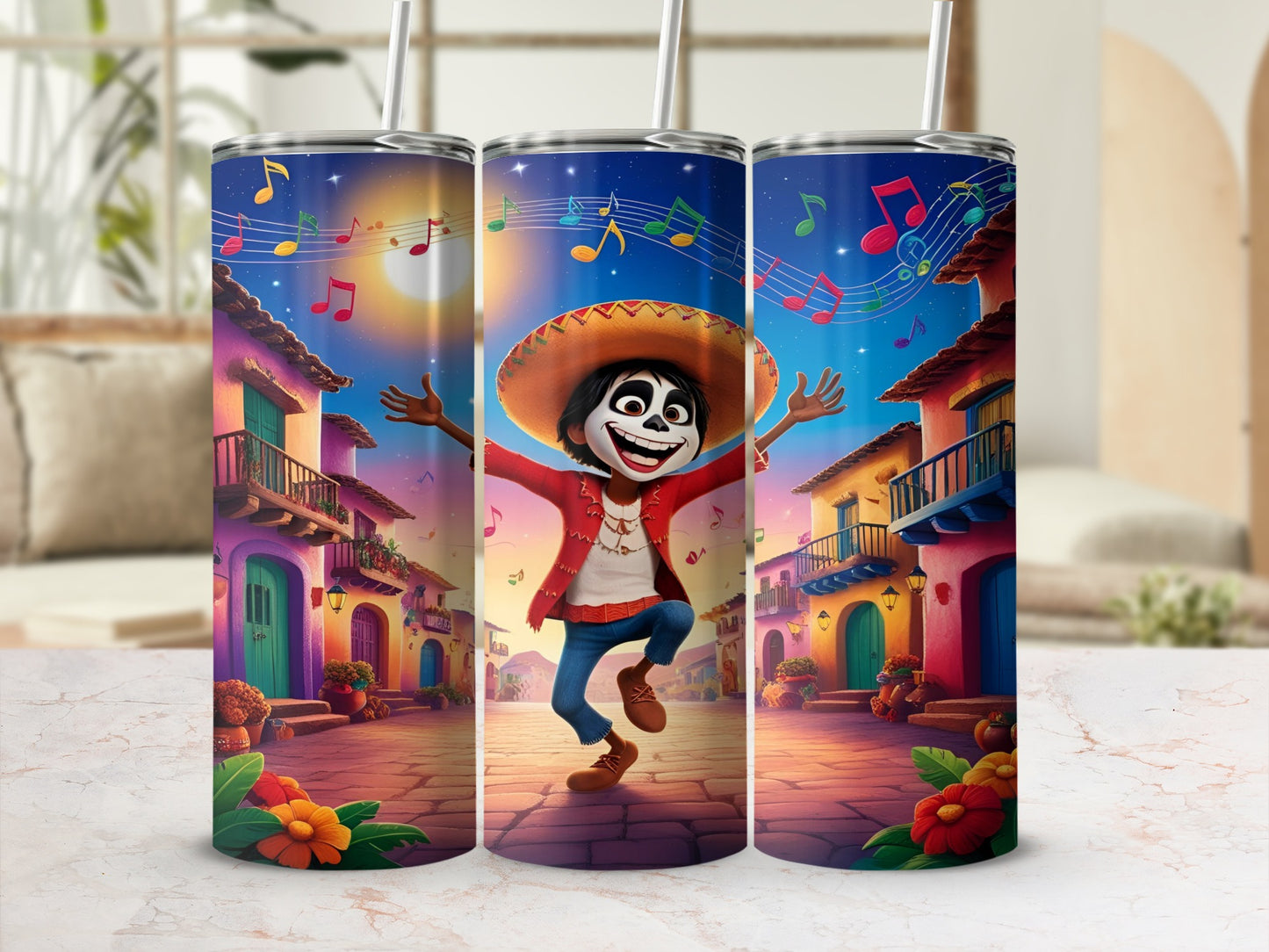 Miguel from Coco dancing in a colorful Mexican village.