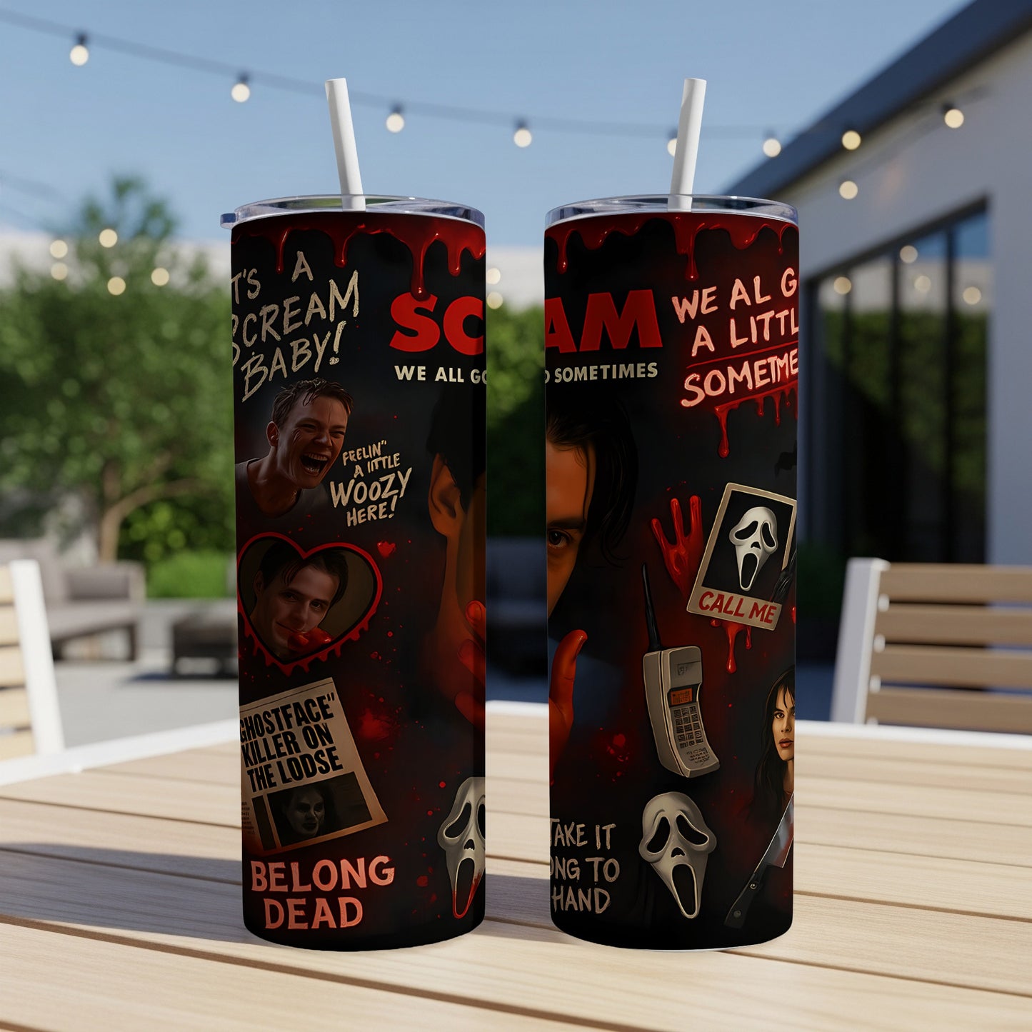 Scream movie themed tumblers with text and horror imagery.