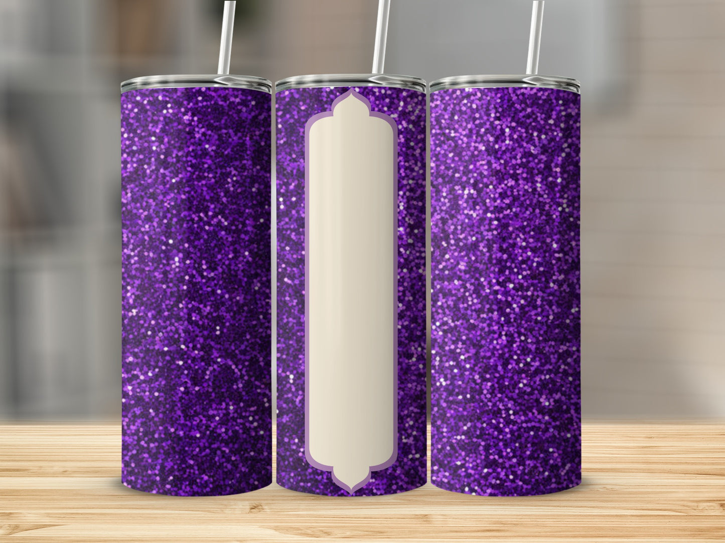 Purple glitter tumbler with white label and straw.