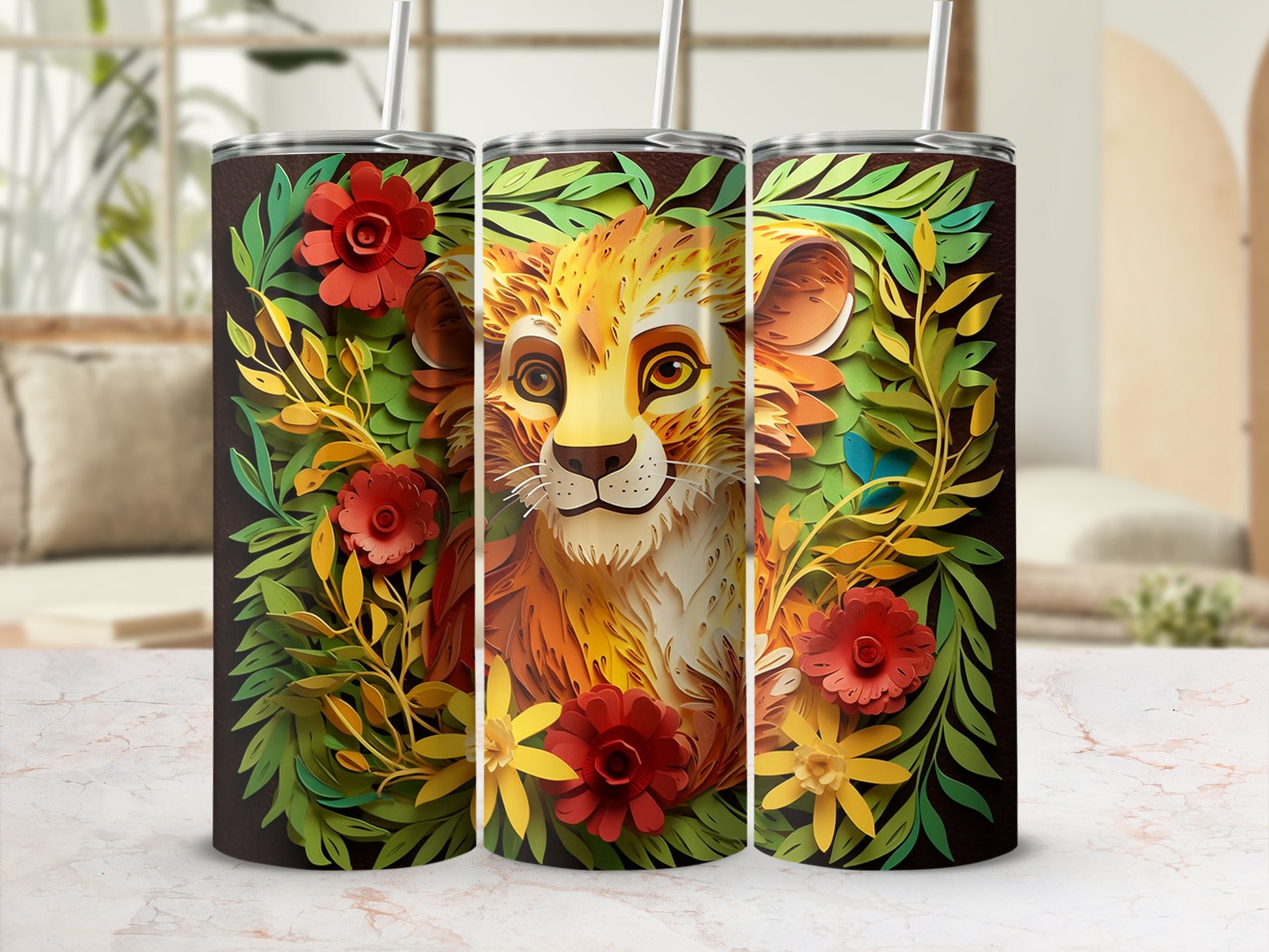 Vibrant Lion Illustration on Floral Background Tumbler
