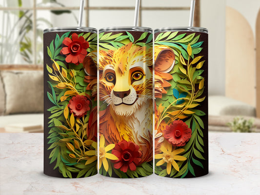 Vibrant Lion Illustration on Floral Background Tumbler