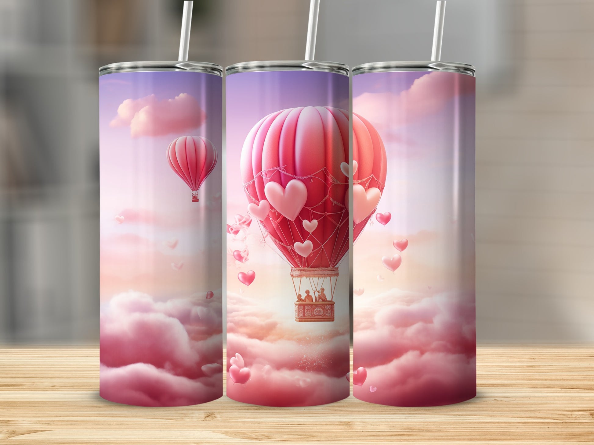 Hot Air Balloon with Hearts on Pink Sky Tumbler