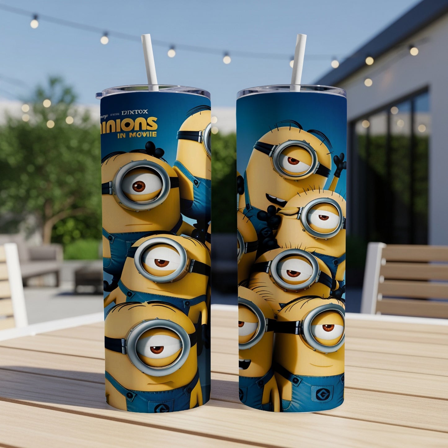 Minions from the movie "Minions" on a blue tumbler.