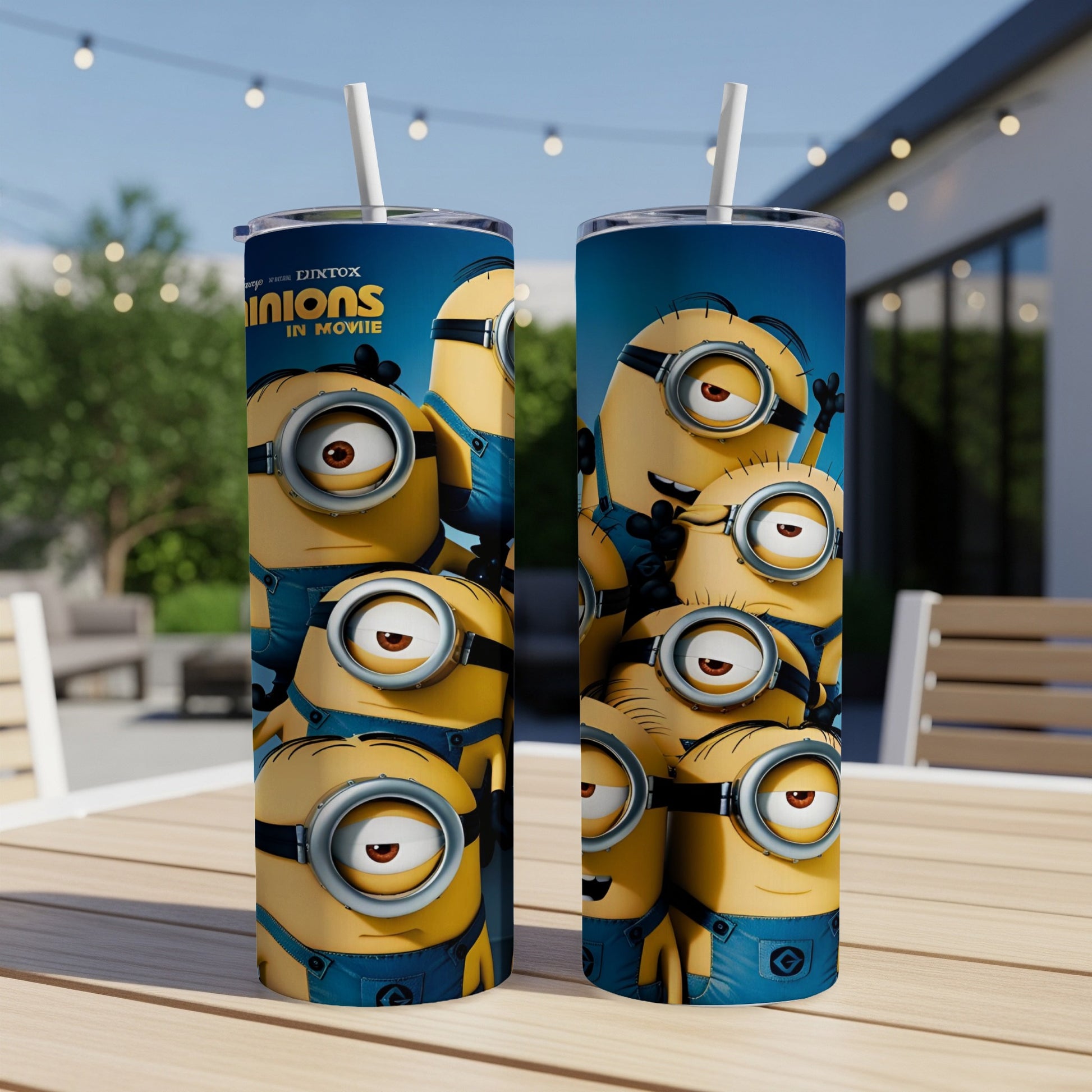 Minions from the movie "Minions" on a blue tumbler.