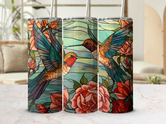 Three tumblers with stained glass hummingbird and rose design.