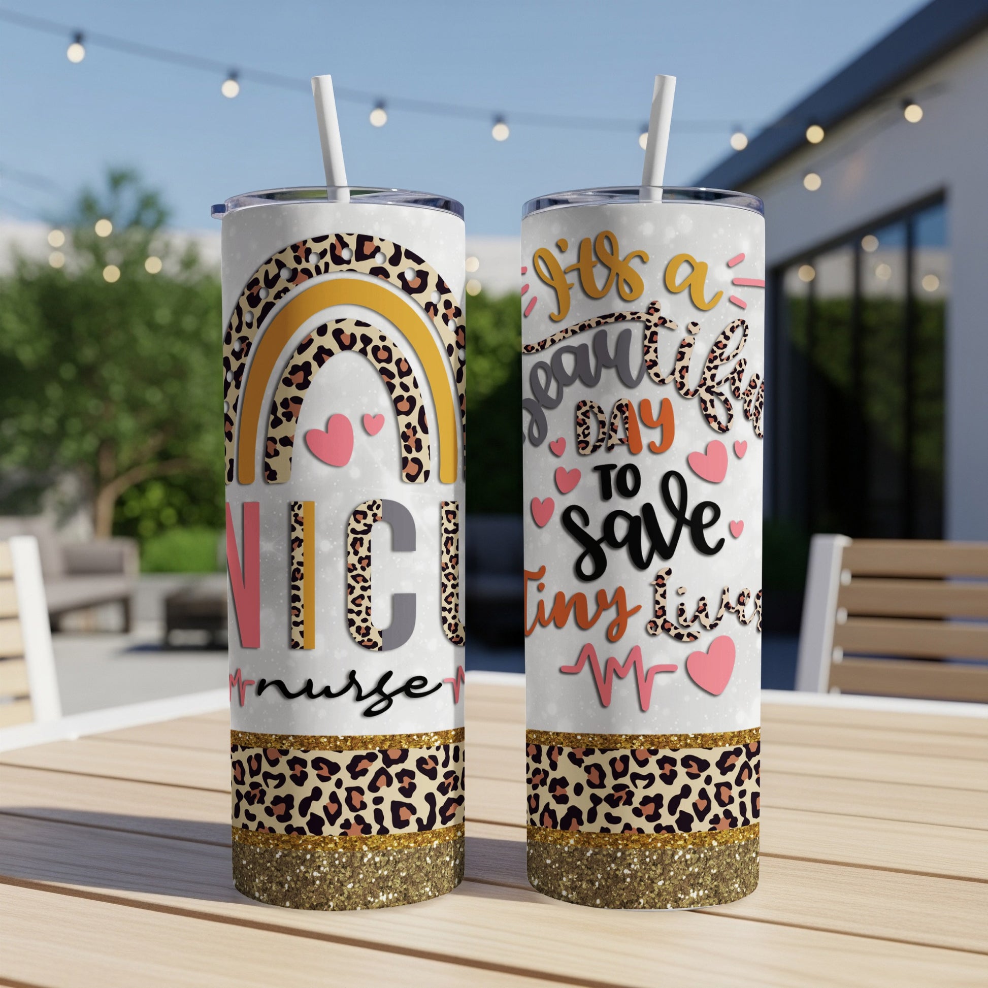 NICU nurse tumbler with leopard print and rainbow, reads "It's a nurse's job to save tiny lives."