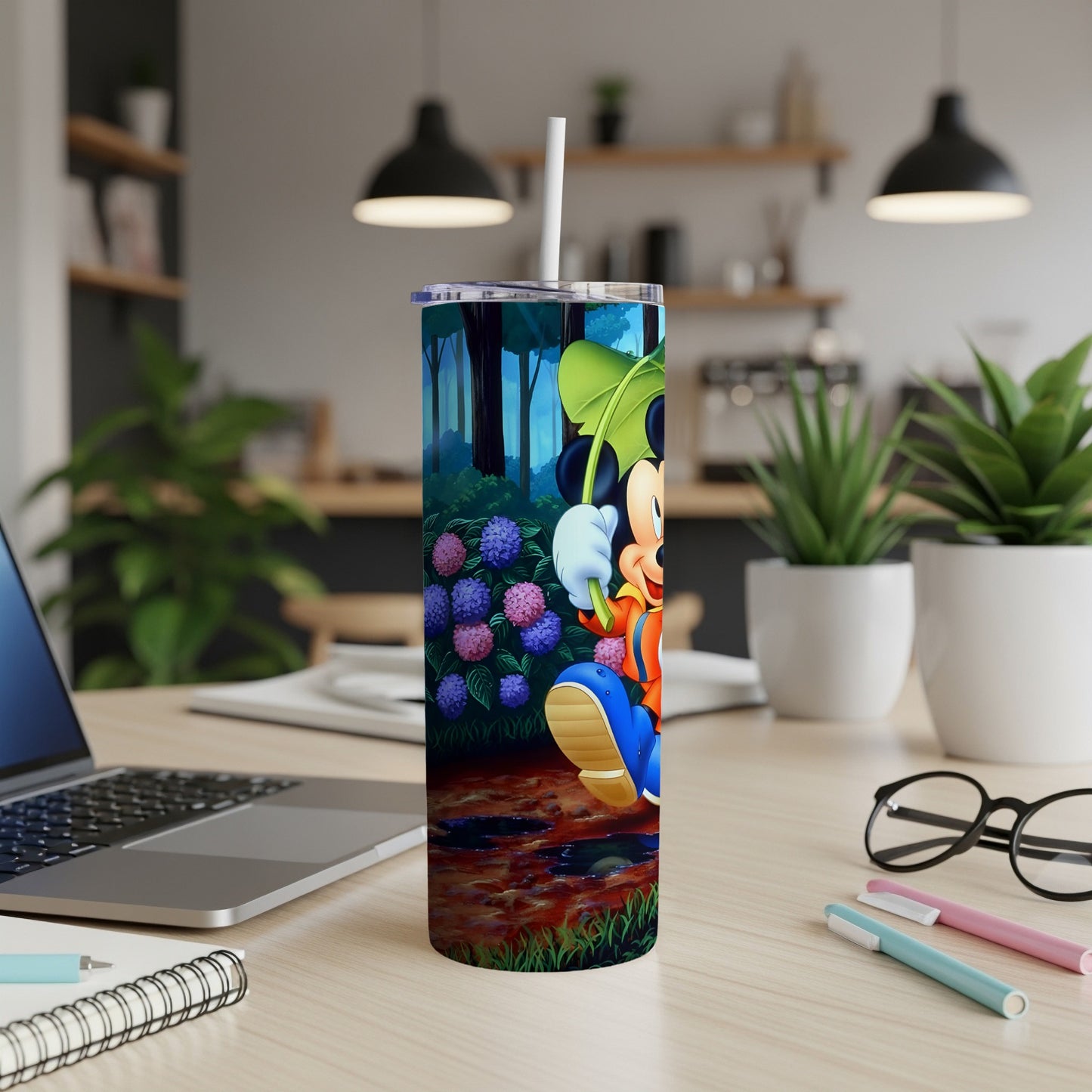 Mickey Mouse in a forest with hydrangeas and puddles on a tumbler.