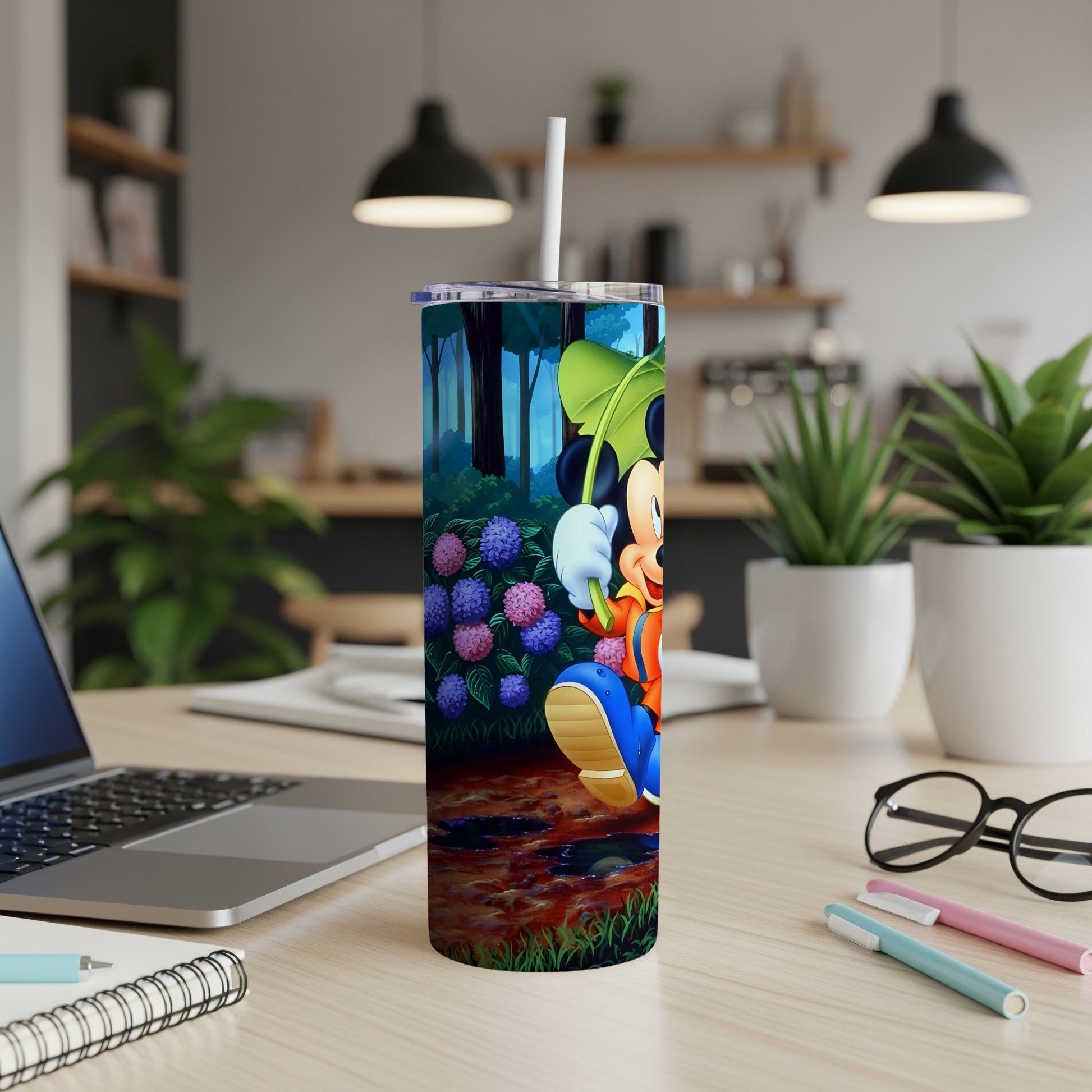 Mickey Mouse in a forest with hydrangeas and puddles on a tumbler.