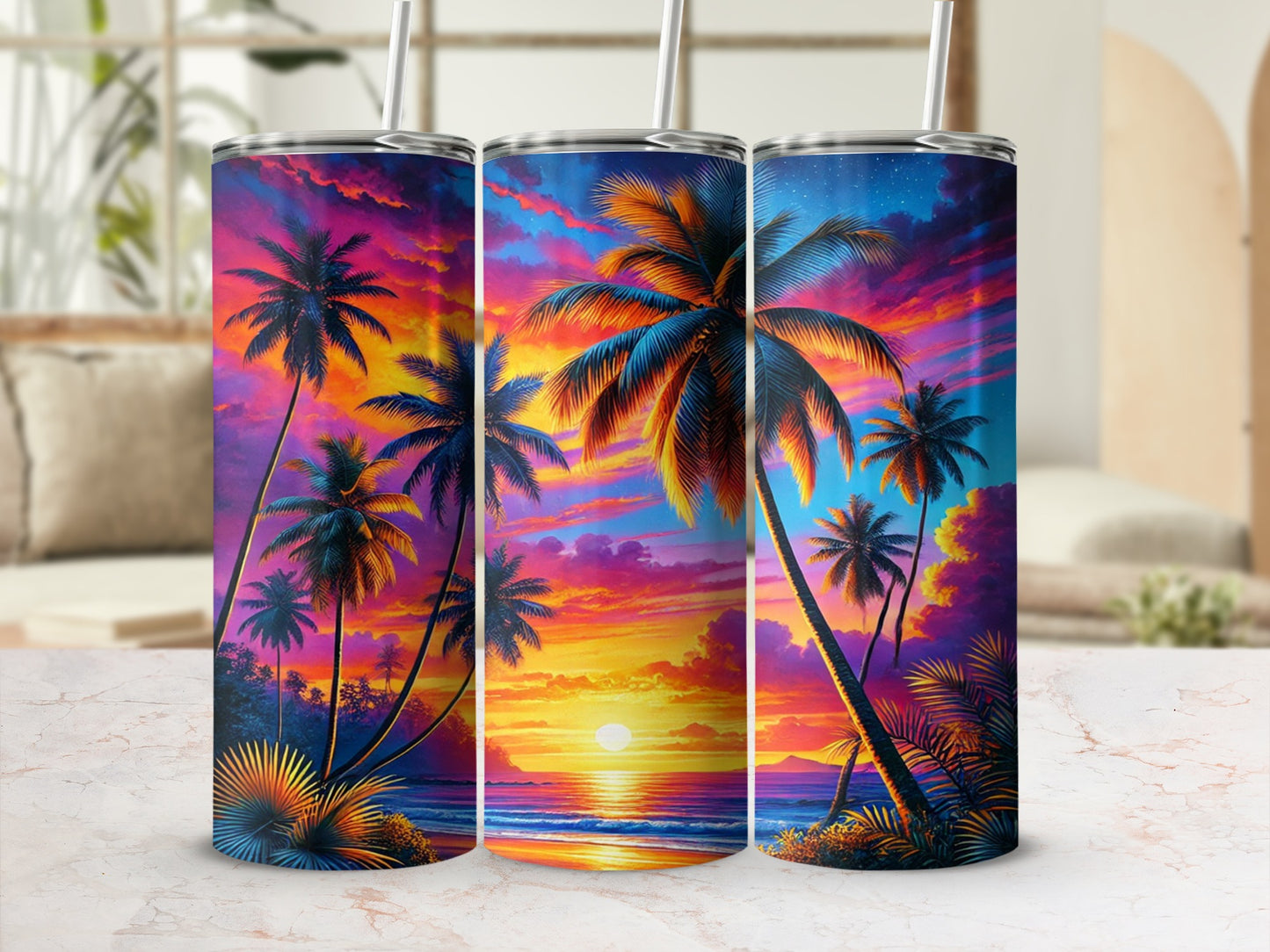 Vibrant Sunset Beach with Palm Trees Tumbler Cups