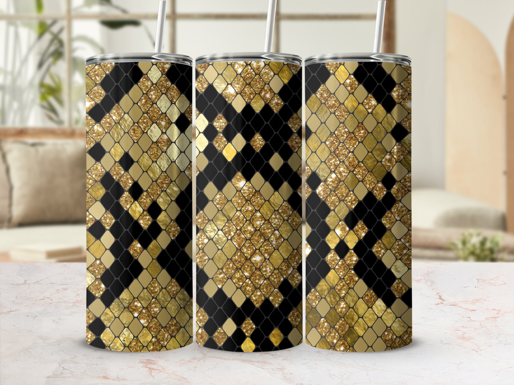 Three tumblers with a black and gold sparkling diamond pattern.