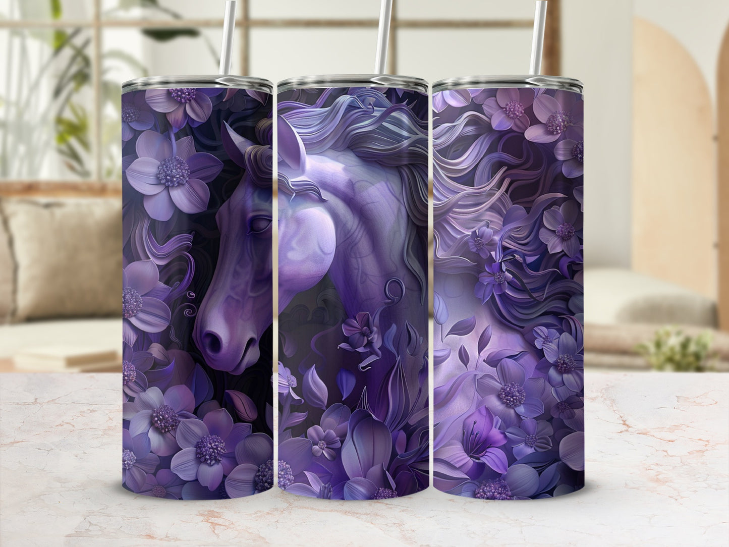Purple horse with flowing mane surrounded by purple flowers.