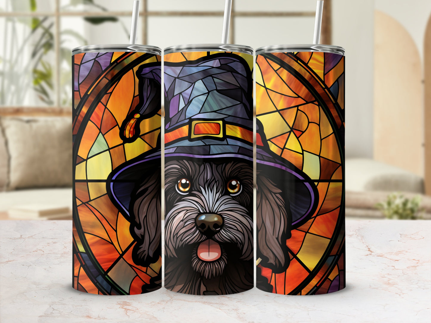 Black dog wearing a witch hat with stained glass background.