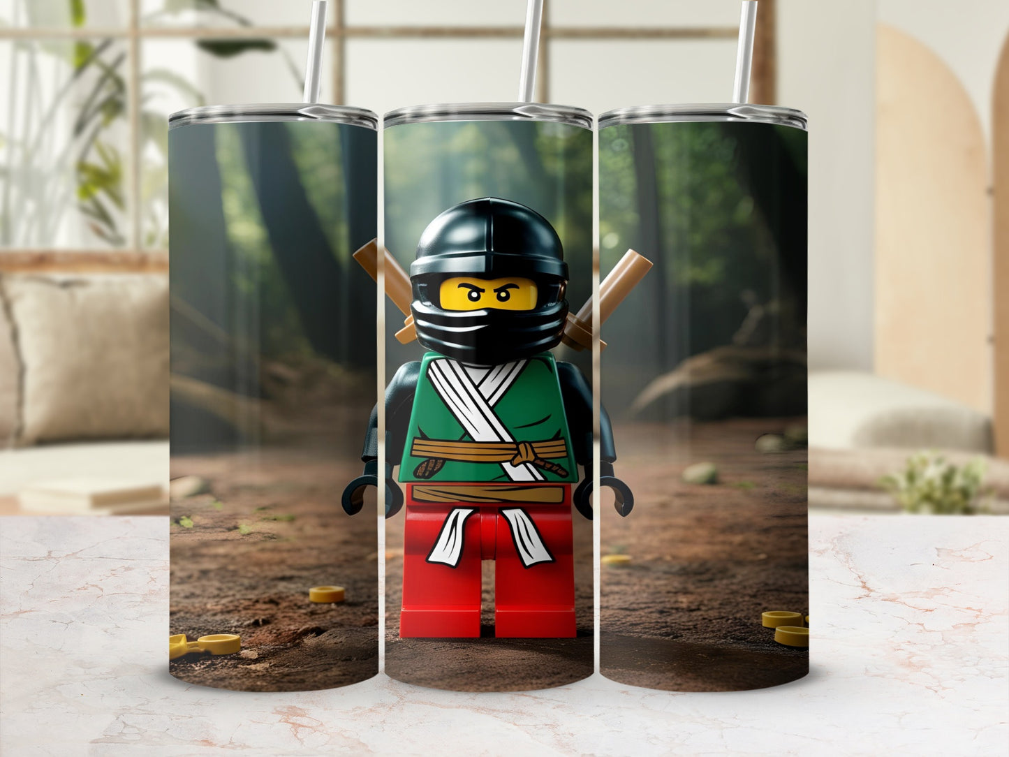 Ninjago Lego character in green and red outfit, holding swords, against forest backdrop.