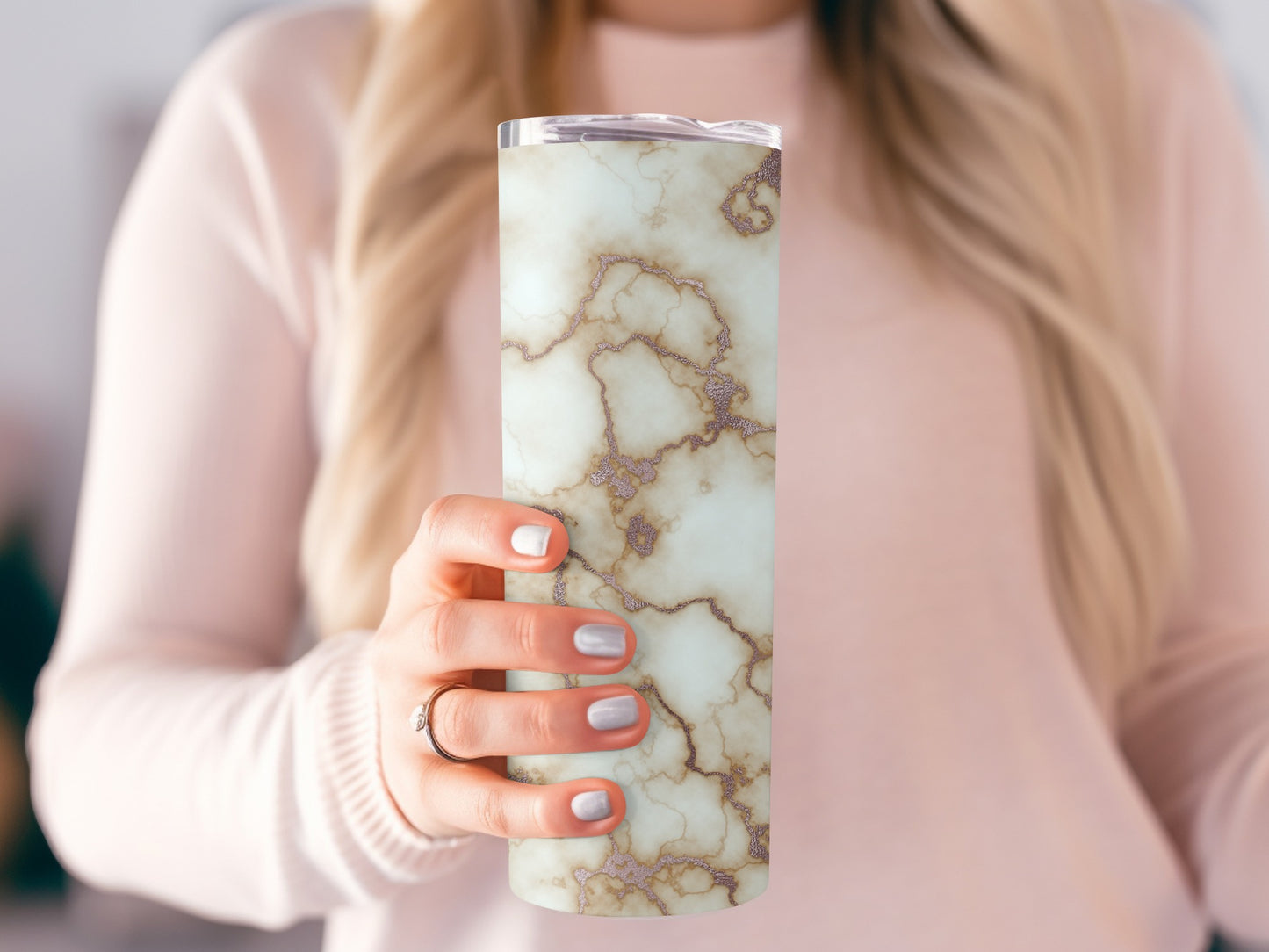 Elegant Ivory White and Gold Swirls Patterned Tumblers