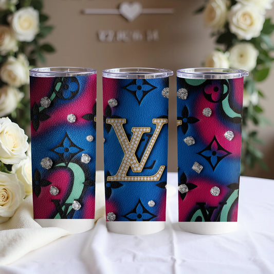 Colorful Patterned Tumbler with LV Diamond Logo Design