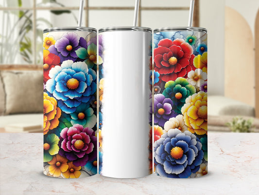Colorful floral pattern tumbler with white blank space.