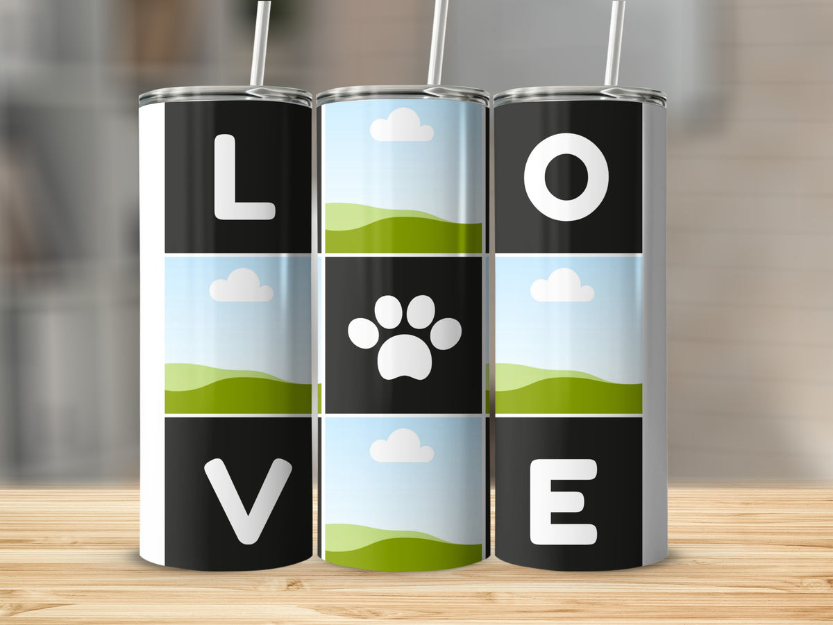 Three tumblers arranged to spell "LOVE," with a paw print in the center.