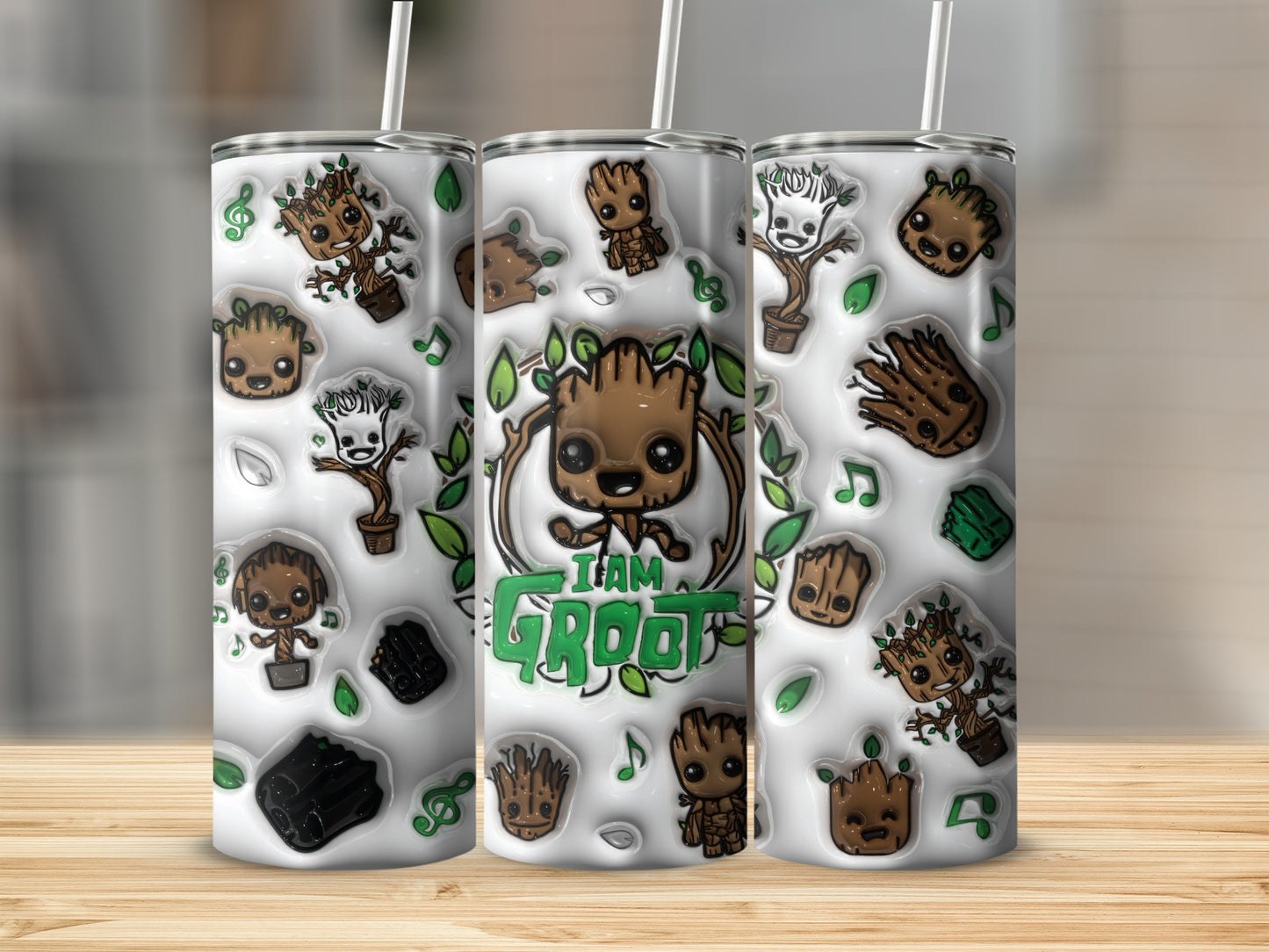 Cute Groot Design Tumbler with Music and Plant Icons