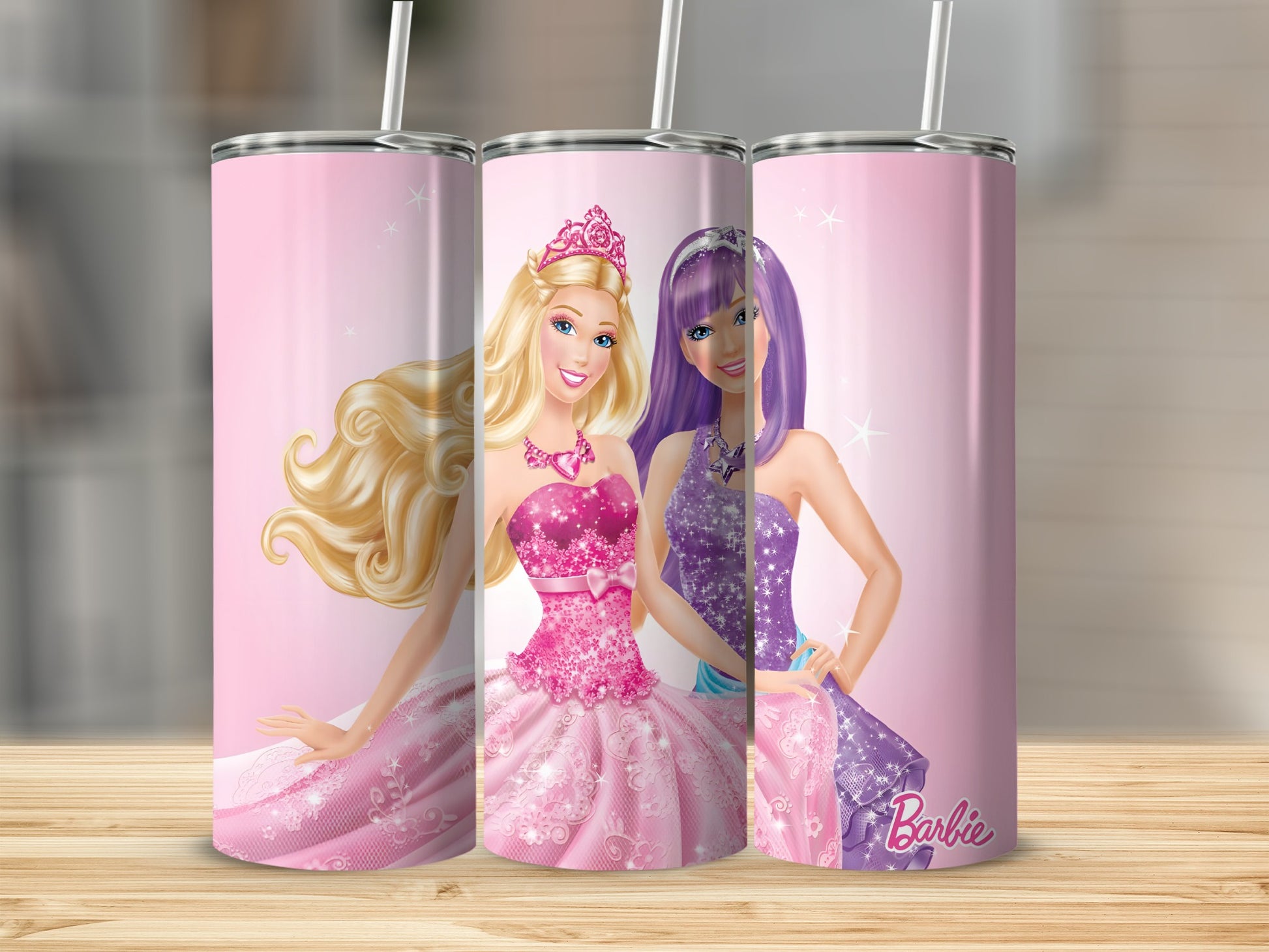 Barbie dolls in pink and purple sparkly dresses on a pink gradient background.