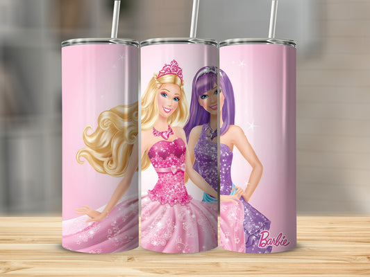 Barbie dolls in pink and purple sparkly dresses on a pink gradient background.