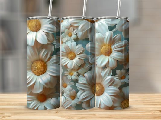 Three tumblers with a detailed white daisy floral pattern.