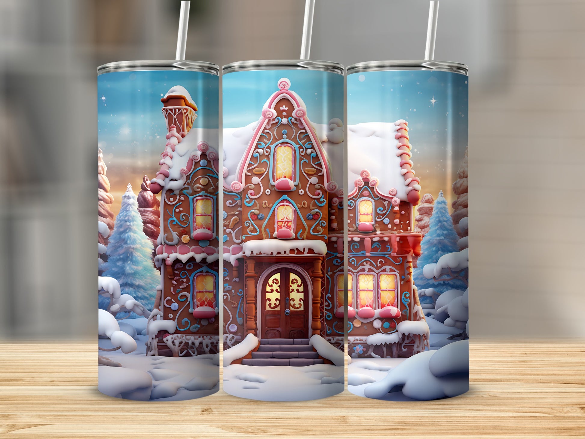 Gingerbread house with snow, on a wooden surface with snowy trees.