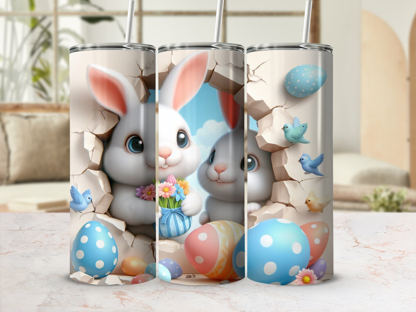 Three Easter bunnies peek from cracked walls surrounded by colorful eggs and birds.