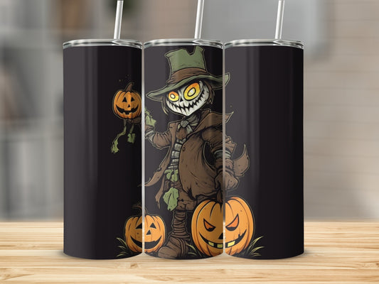 Three tumblers feature a spooky scarecrow surrounded by jack-o'-lanterns.