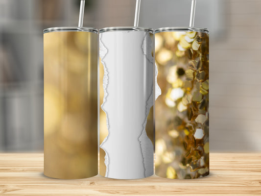 Three tumblers with gold sparkle and torn paper designs.