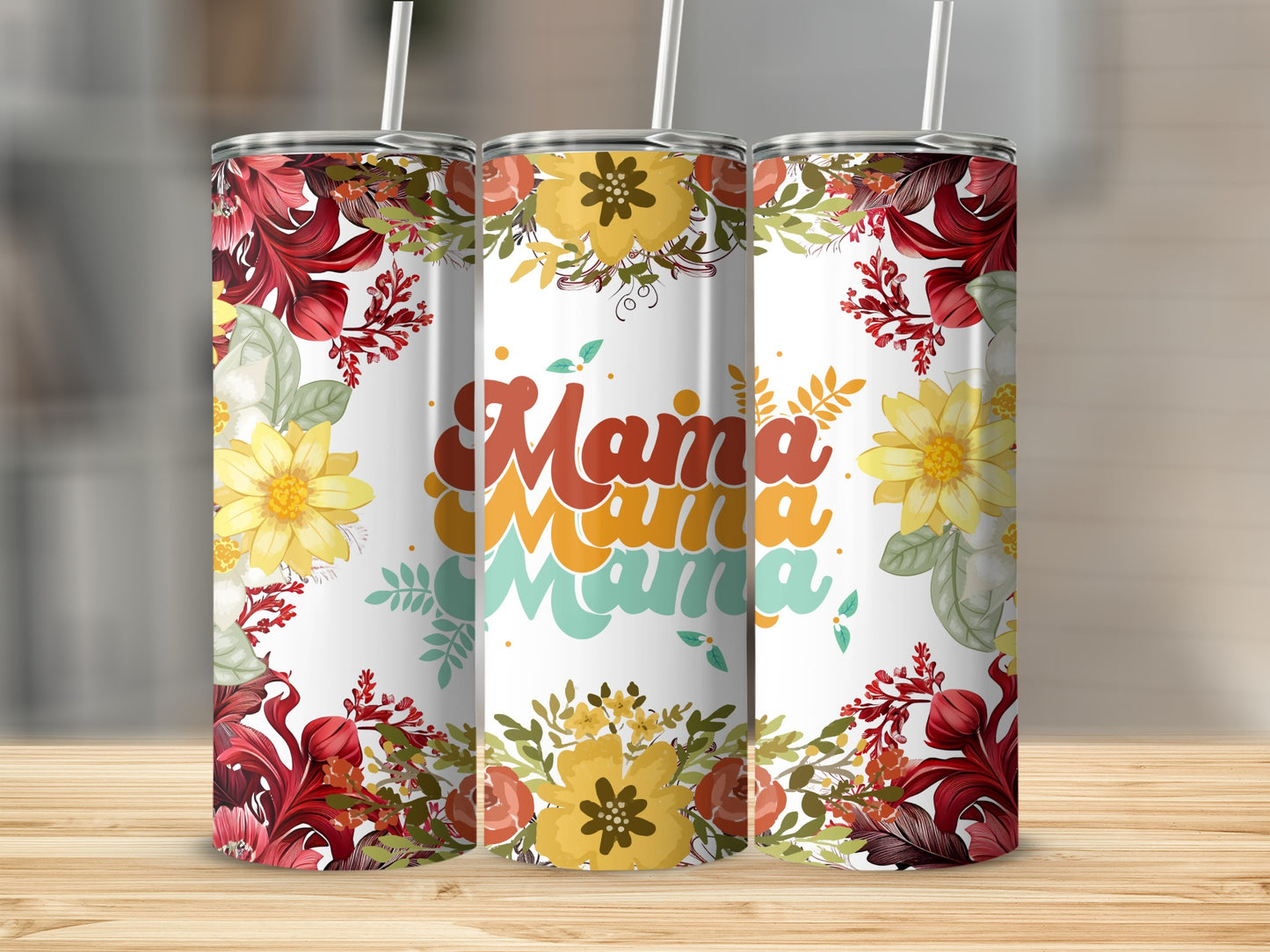 Mama Floral Pattern Tumbler with Colorful Flowers Print