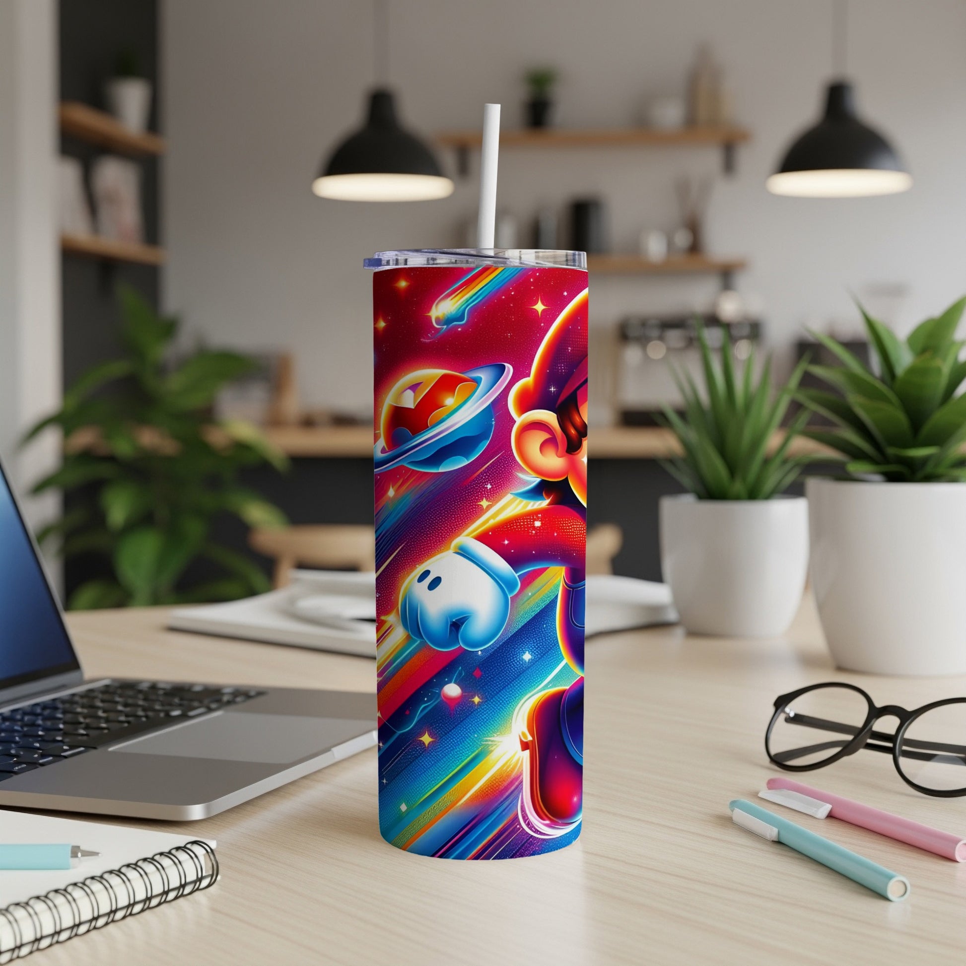 Mario character on a rainbow gradient tumbler with a white straw and lid.