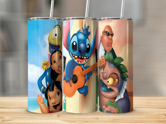 Three tumblers with cartoon characters from Lilo & Stitch playing music.
