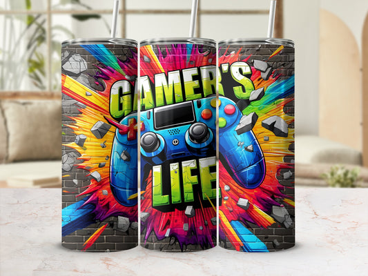 Tumbler with a cracked brick background and "Gamer's Life" text.