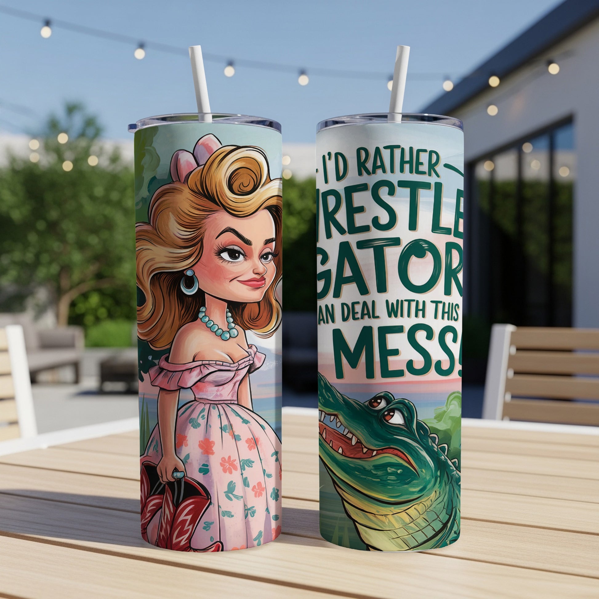 Two tumblers with cartoon woman and alligator graphic, one reads "I'd rather wrestle alligator".