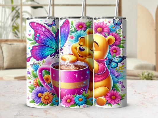 Vibrant Butterfly and Bear Tumbler with Flowers Design