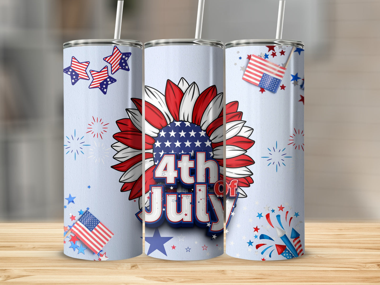 Fourth of July tumbler with patriotic sunflower and fireworks design.