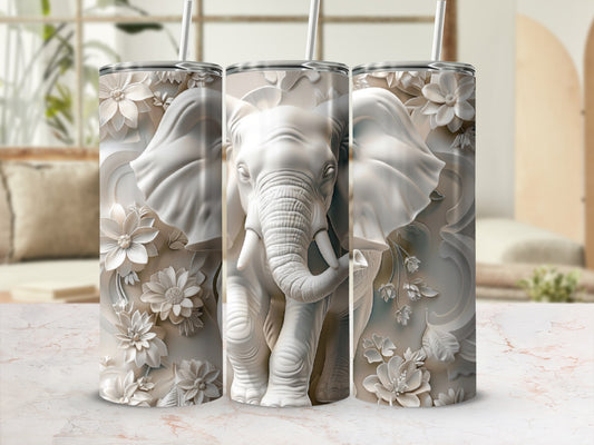White 3D embossed elephant with floral accents on a tumbler.