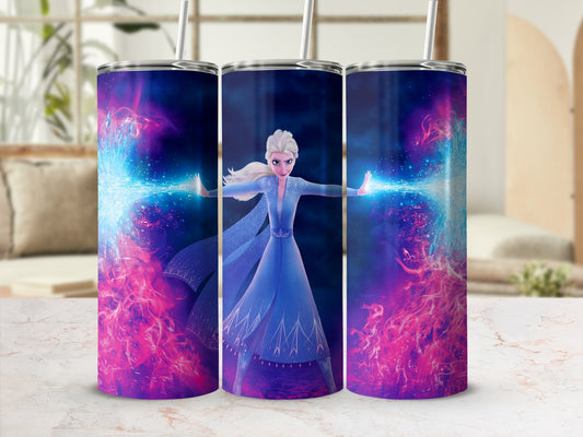 Elsa from Frozen 2 conjures blue ice magic on a purple and pink patterned tumbler.
