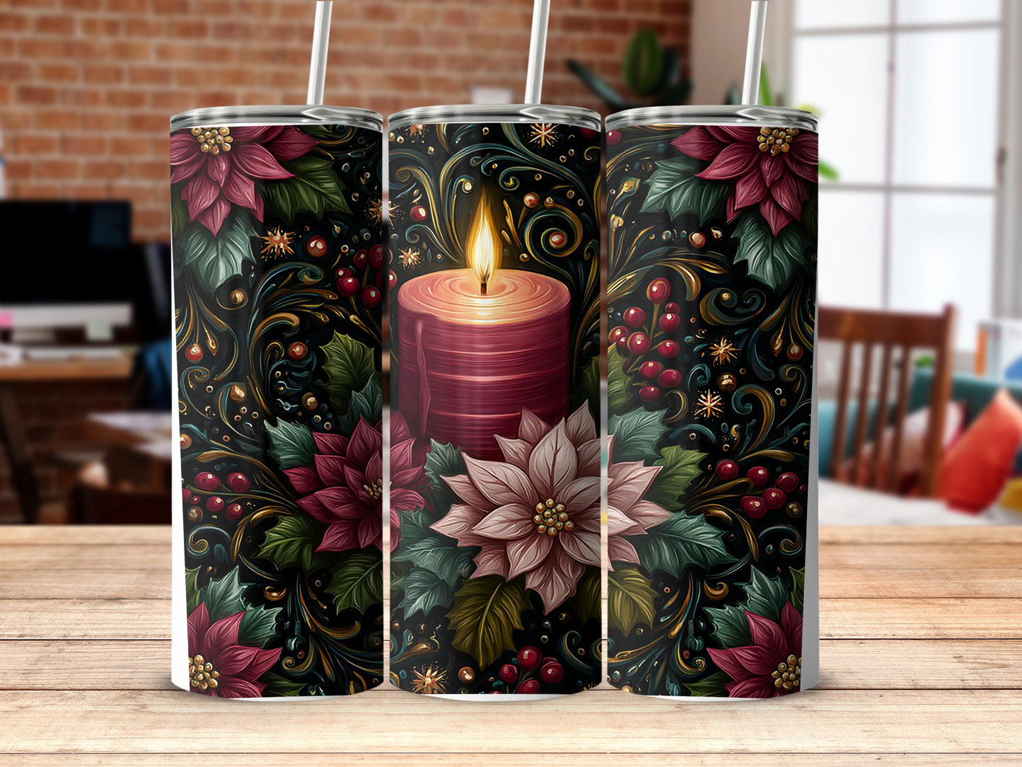 Festive Poinsettia Candle Theme Tumbler for Holiday Cheer