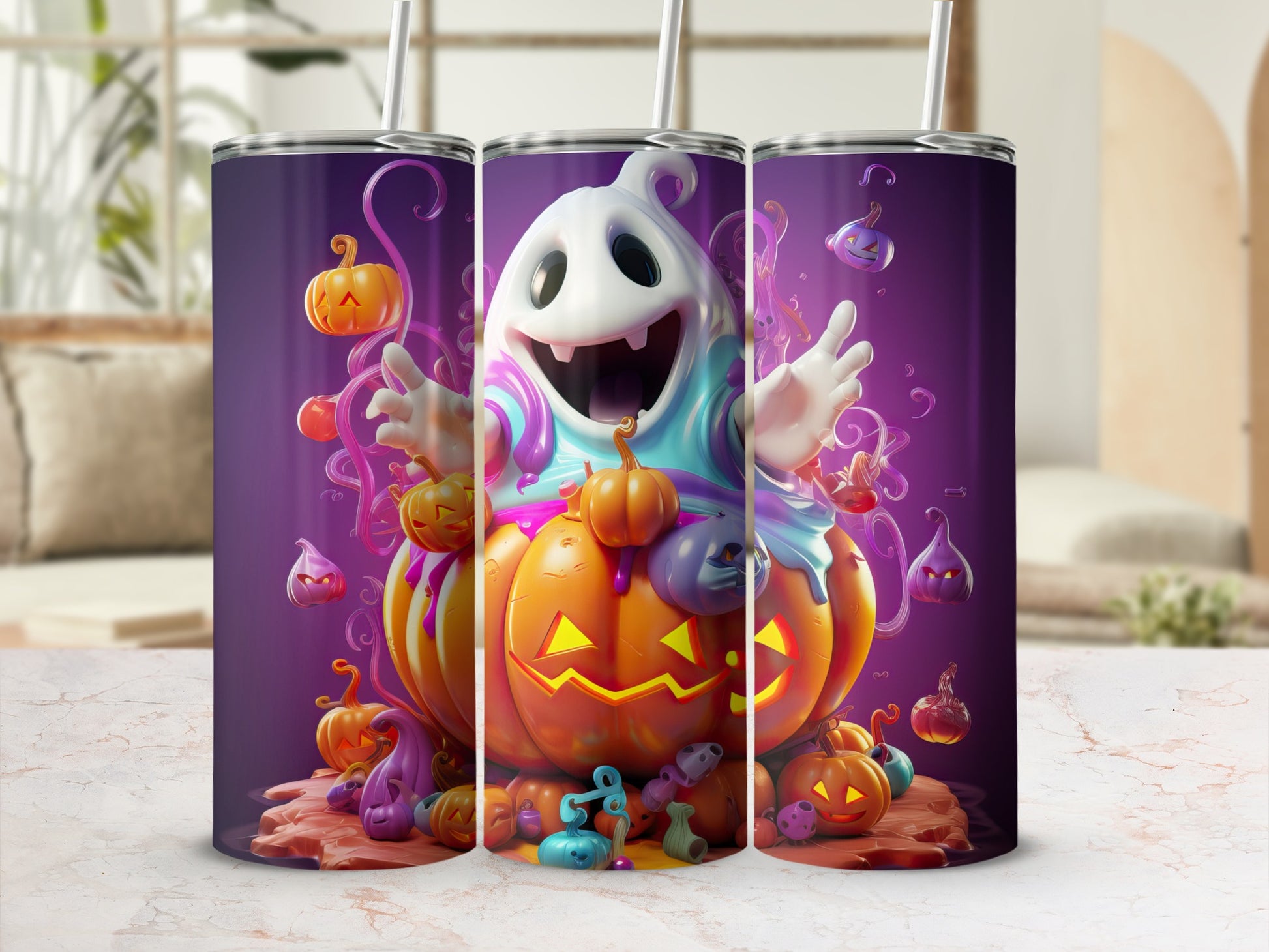Halloween ghost and pumpkins design on purple tumblers with straws.