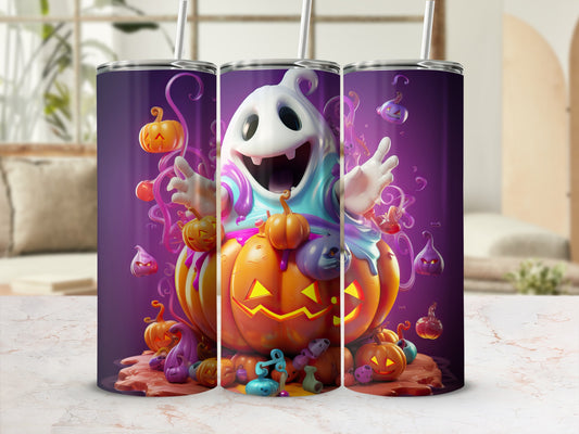 Halloween ghost and pumpkins design on purple tumblers with straws.