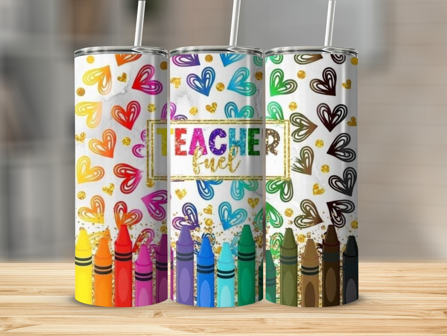 Teacher Fuel Design Hearts Crayons Colorful Art Tumblers