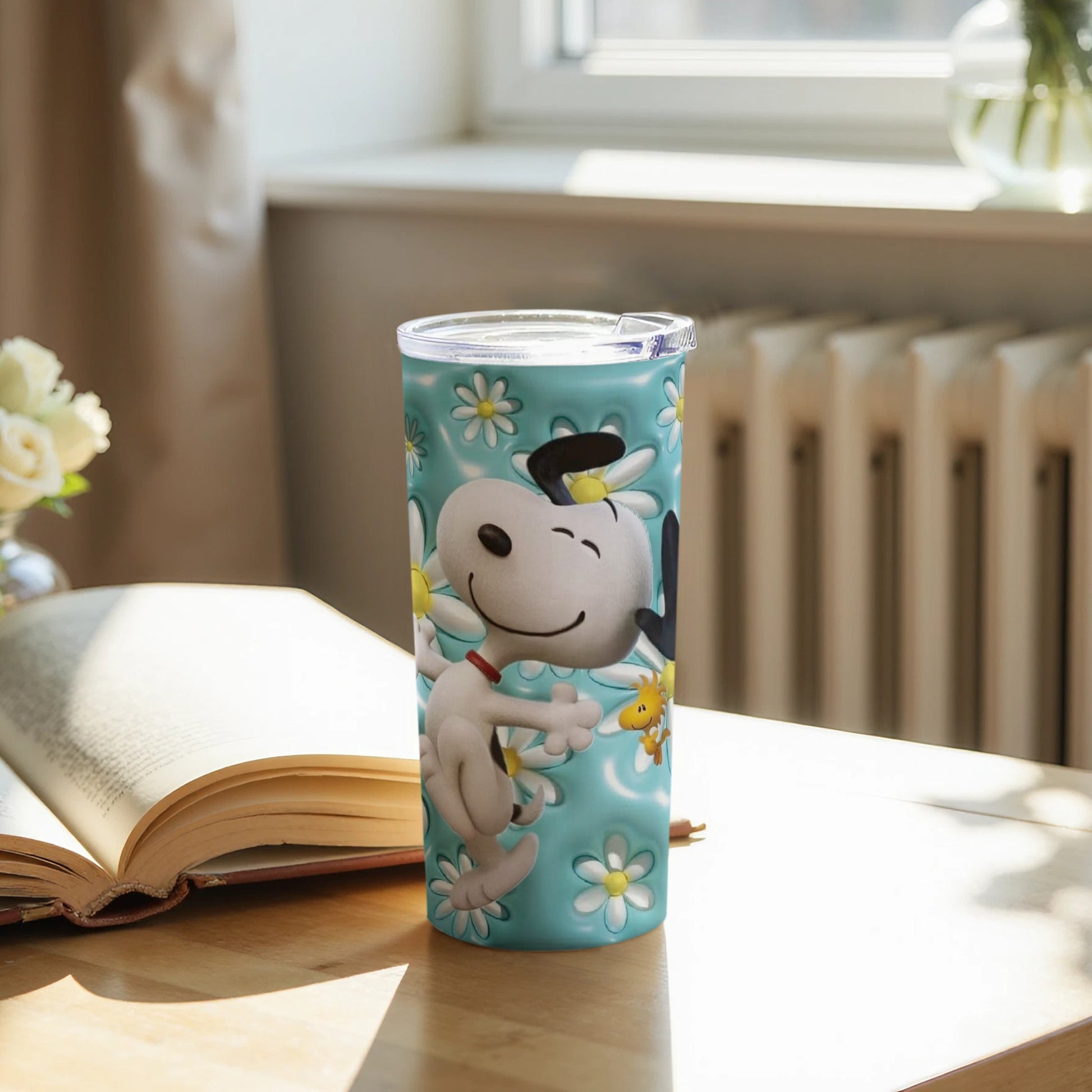 Cheerful Snoopy and Flowers Design Tumbler Cup