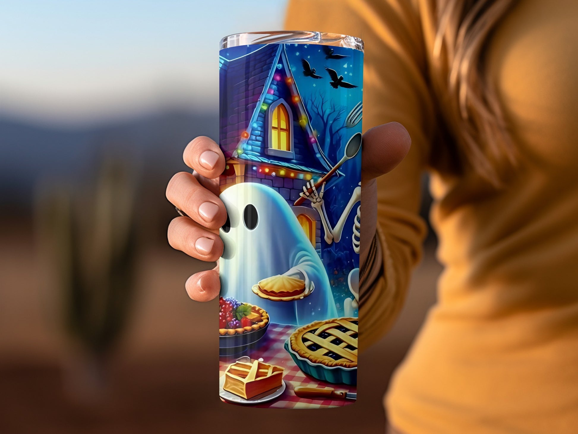 Festive Ghost and Skeleton House Design Tumbler