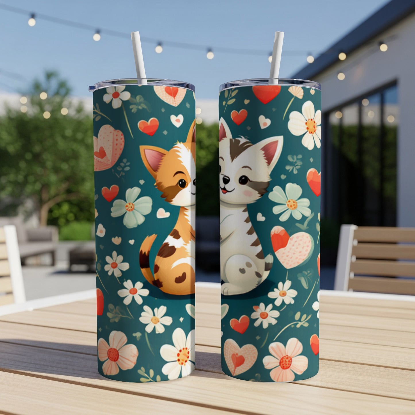 Two cartoon cats with floral and heart pattern on teal background.